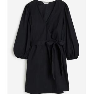 H&M NWT Linen/Cotton Balloon Sleeve Plunge Neck Wrap Breathable Dress XXL